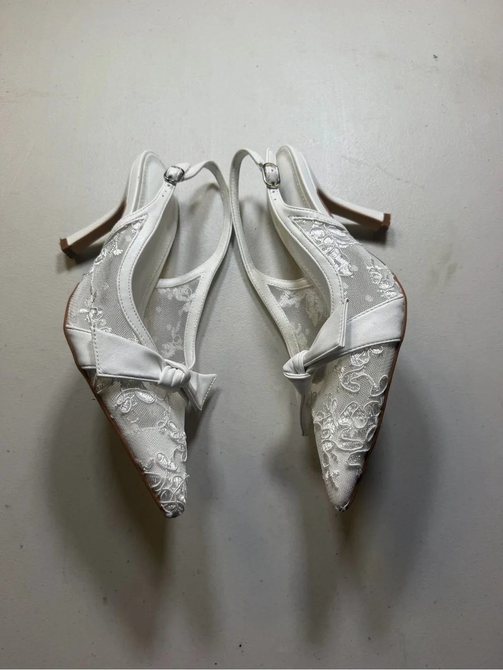 White Lace Slingback Heel with Bow Detail